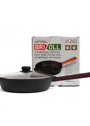 Сковорода чавунна brizoll optima bordo зі скляною кришкою і з дерев'яною ручкою 260х40 мм
