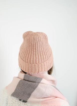 Новая теплая зимняя, осенняя шапка - бини с отворотом розового цвета с примесью шерсти3 фото