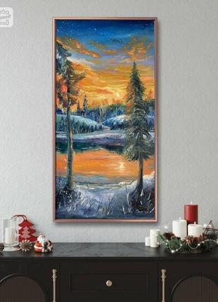 Картина олією зимовий пейзаж "теплі спогади" 30х60 см