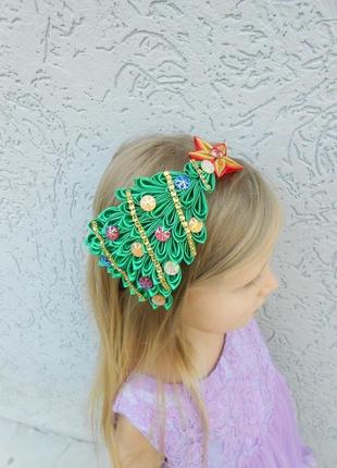 Обруч новорічний обруч для дівчинки на голову ялинки обідок новорічний обруч канзаші з атласних льон4 фото