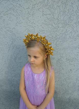 Ободок корона с звездами канзаши золотой обруч на голову для девочки на новогодний утренник7 фото