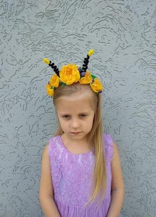Ободок для волос с цветами для утренника костюм пчёлки обруч на голову для девочки с усиками1 фото
