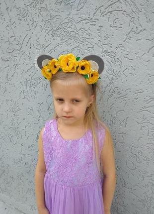 Ободок с ушками для костюма мышки обруч с цветами для девочки на утренник для волос8 фото