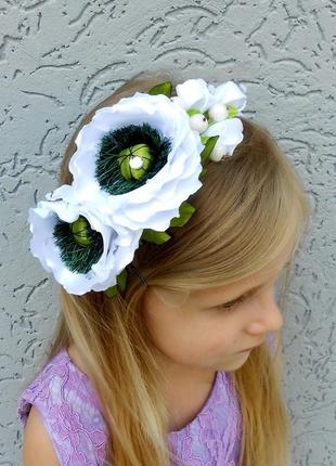 Ободок з білими маками під вишиванку дівчинку обруч з квітами для волосся подарунок дівчині