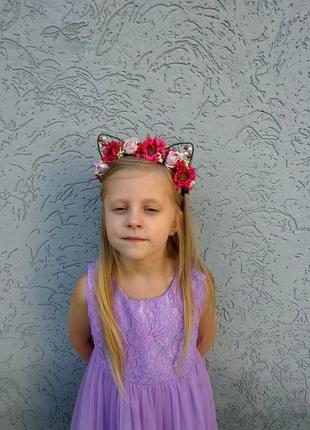 Обідок котячі вушка для дівчинки обруч для волосся з квітами подарунок на день народження5 фото