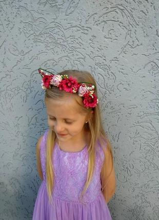 Ободок кошачьи ушки для девочки обруч для волос с цветами подарок на день рождение6 фото