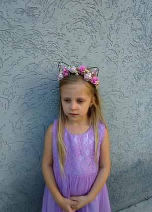 Ободок кошачьи ушки обруч для волос с цветами подарок для девочки цветочный венок на голову7 фото