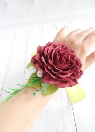 Квітковий браслет на руку весільна прикраса з бордовою трояндою браслет для подружок нареченої1 фото
