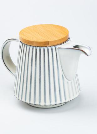 Чайник для заварювання 850 мл керамічний з бамбуковою кришкою білий5 фото