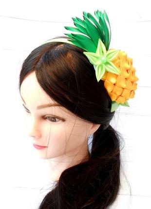 Оригинальный ободок с ананасом обруч канзаши девочке украшение на голову с фруктами костюм ананас10 фото
