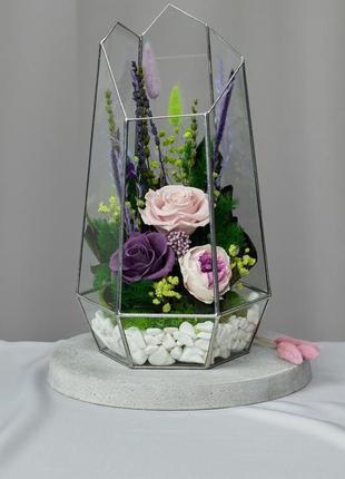 Флорариум-ваза «лавандовые мечты» с живыми стабилизированными цветами