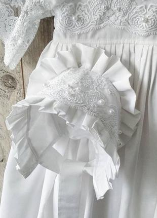 Хрестильне сукня з розкішним мереживом блюмарин, чепчик і пінетки3 фото