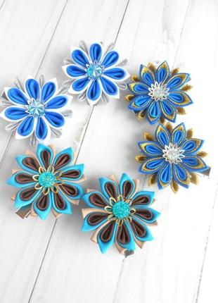 Набор голубых заколок канзаши 3 пары цветочные украшения для волос подарок девочке на новый год