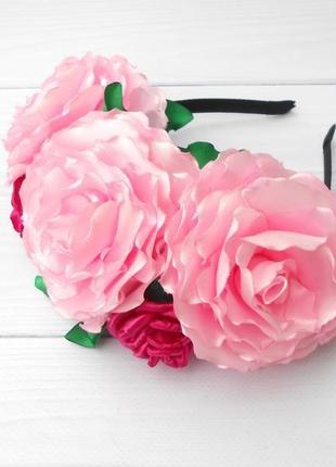 Объемный цветочный венок на голову ободок с розовых роз обруч для девушки украшение для волос