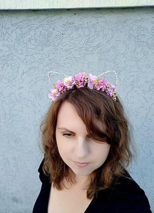 Обруч для волос с ушками кошки необычное украшение девушке ободок кошечки цветочный венок на голову10 фото