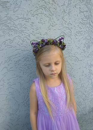 Цветочные кошачьи ушки на ободке обруч для волос фиолетовое украшение девушке венок на голову7 фото