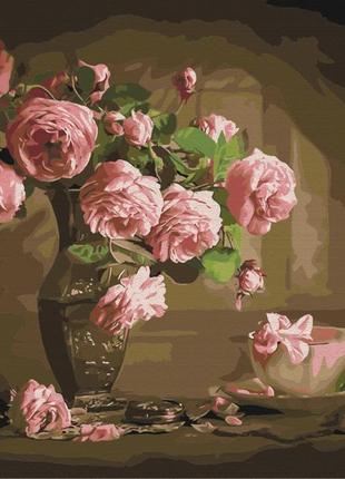 Картина за номерами 40х50 на дерев'яному підрамнику "чайні троянди у вазі" bs7814