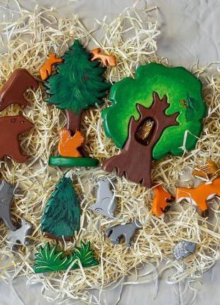 Набор деревянных ирушек ручной работы лесных животных и птиц, включает в себя 20 игрушек.