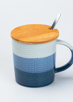 Чашка с бамбуковой крышкой и ложкой керамическая 350 мл синий