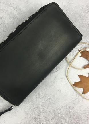 Кожаное черное портмоне женское - черный кошелек из натуральной кожи мужской3 фото