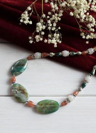 Дизайнерское ожерелье из натурального агата "весна в горах"5 фото