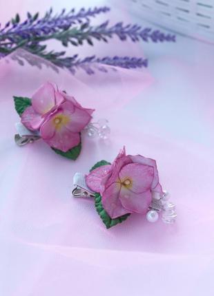 Гортензия заколки для девочек, цветочные украшения для волос, на свадьбу, розовые цветы, розовый3 фото