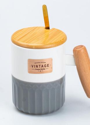 Керамическая чашка vintage 400 мл с ложкой и бамбуковой крышкой, серая