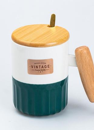 Керамічна чашка vintage 400 мл з ложкою та бамбуковою кришкою, зелена