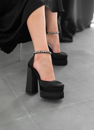 Шикарные атласные туфли на высоком каблуке, черные - арт. 32687