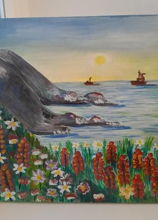Авторская картина “горный морской пейзаж” акрил