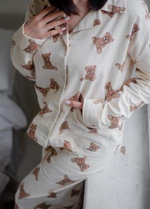 Жіноча піжама з ведмедиками, фланель,сорочка і штани3 фото