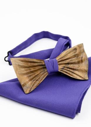 Дерев'яна краватка-метелик комплект (платок, запонки)2 фото