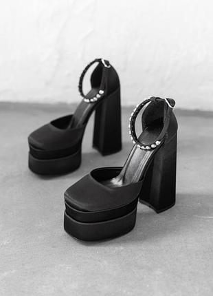 Черные атласные туфли на высоком каблуке, арт. 32687