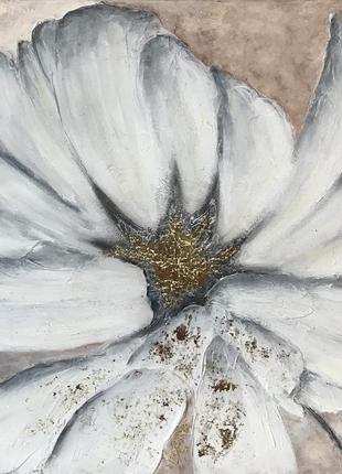 Интерьерная картина №1 из серии «серое на бежевом: цветы» с золотом. холст, 50*50 см. 100% ручная ра3 фото