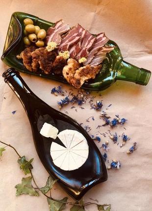 Креативна подача закусок, тарілка з пляшки, естетика їжі, барний посуд brown champagne3 фото