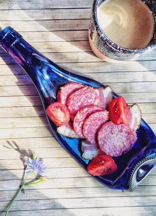 Синя скляна тарілка з переробленої пляшки champagne blue для закусок, нарізок, ідея для подарунку