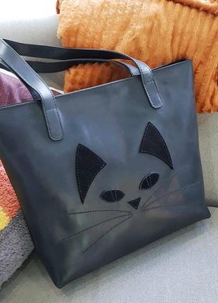 Женская кожаная сумка шоппер stedley кошка чёрная1 фото