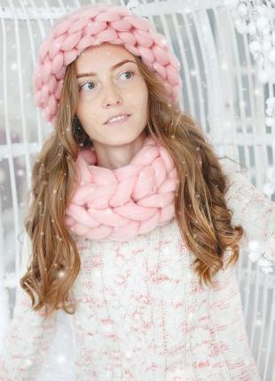 Женский комплект шапка и шарф из натуральной шерсти мериноса. теплый зимний комплект3 фото
