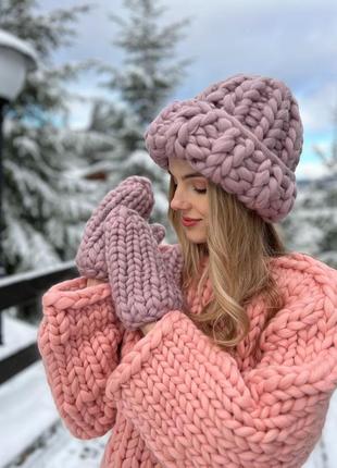 Женская зимняя шапка из нануральной шерсти мериноса. вязанная теплая шапка5 фото