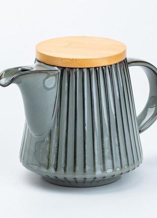 Заварочный чайник 850 мл керамический с бамбуковой крышкой серый2 фото