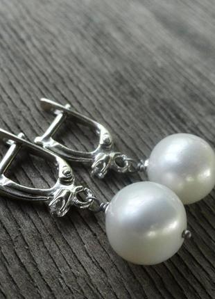 Серебряные серьги white pearl classic с натур. жемчугом2 фото