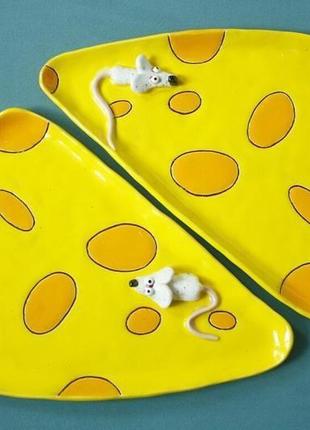 Тарелка сырница керамическая желтая с мышкой5 фото