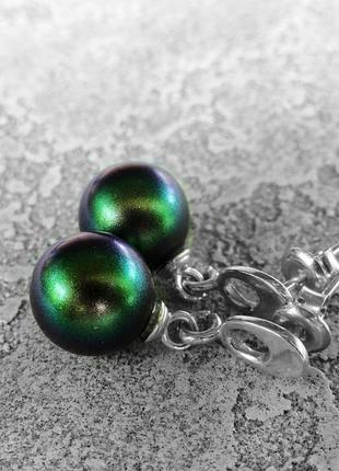 Сережки-пуссети mysterious green - срібло, перли сваровські3 фото