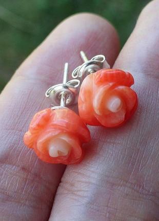 Серьги-пуссеты orange rose -  коралл,  серебро 9252 фото