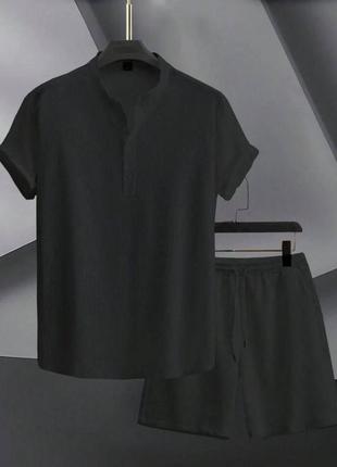 Чоловічий літній зручний трендовий однотонний костюм двійка футболка та шорти креп жниварка1 фото