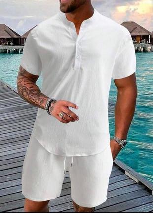 Чоловічий літній зручний трендовий однотонний костюм двійка футболка та шорти креп жниварка9 фото