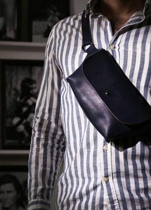 Поясная сумка из натуральной кожи belt bag  синяя