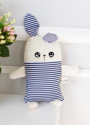 Белый плюшевый зайчик в синюю полосочку , мягкая игрушка ,подарок для детей1 фото