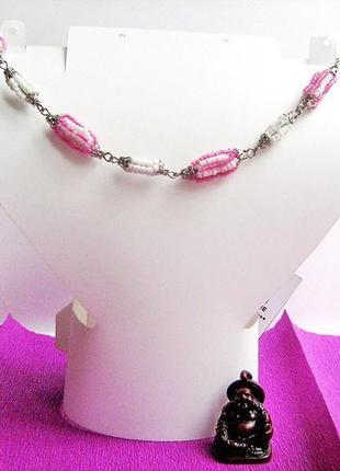Ожерелье из плетёных бусин «розовое летнее утро».1 фото