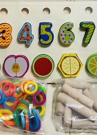 Деревянная игрушка обучающая доска, 4в1, пирамидки, сортер, цифры, фрукты, фигуры